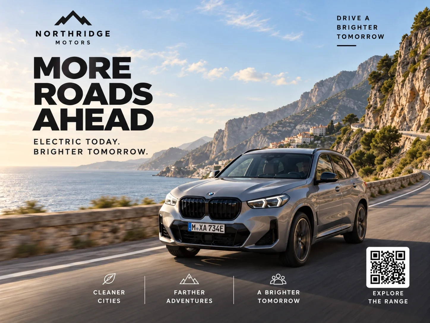 Car promotional layout demonstrating a photograph with added headline, branding, icons and QR design layers