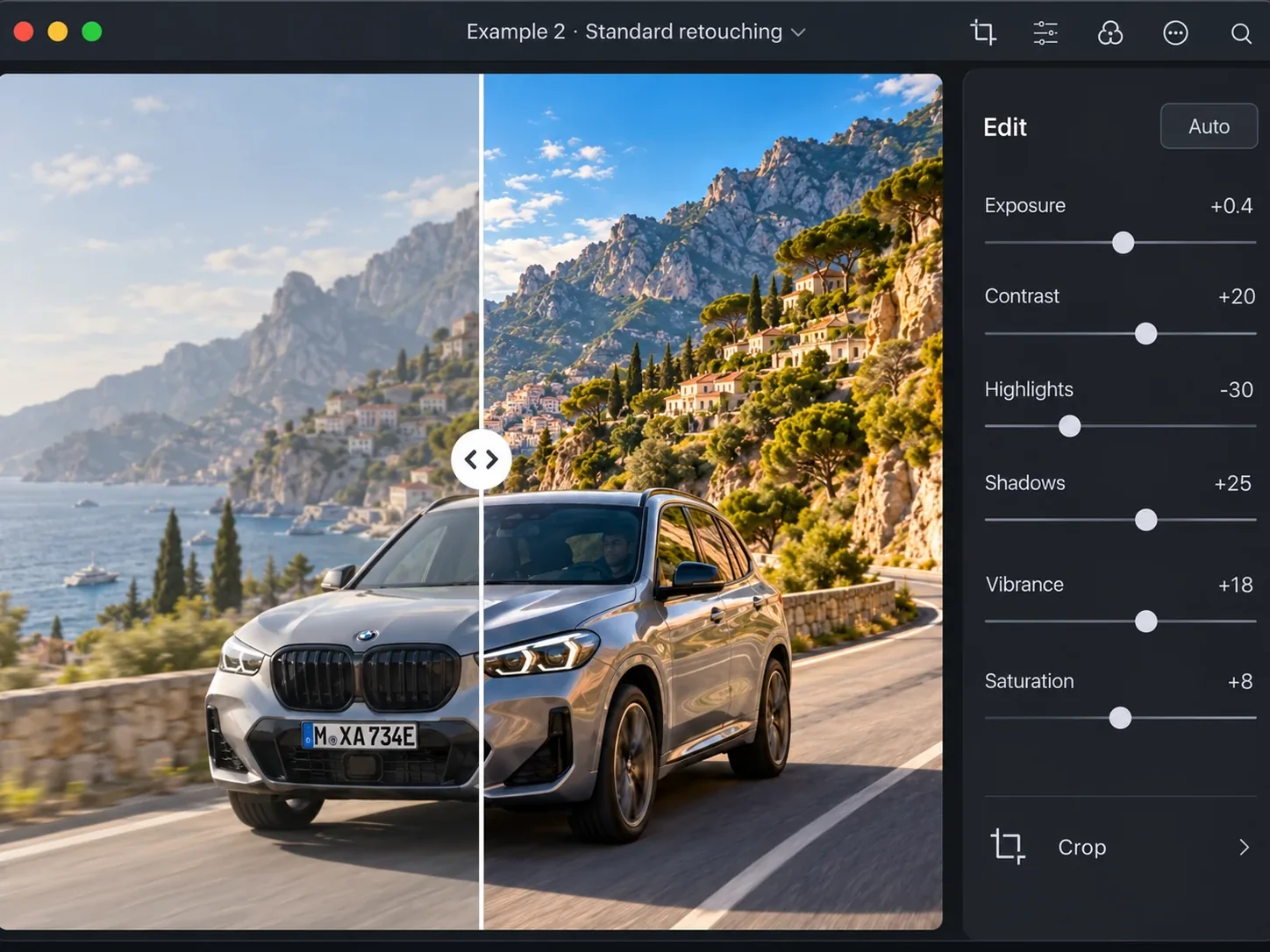 Photo editing interface showing before and after standard retouching of a real car photograph