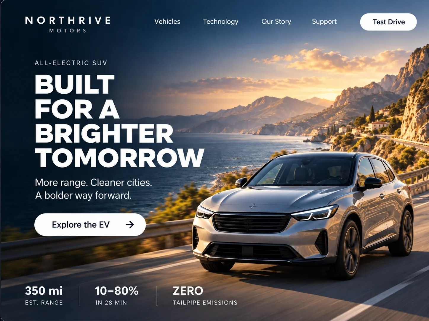 Promotional electric SUV website mockup using an AI re-rendered scene