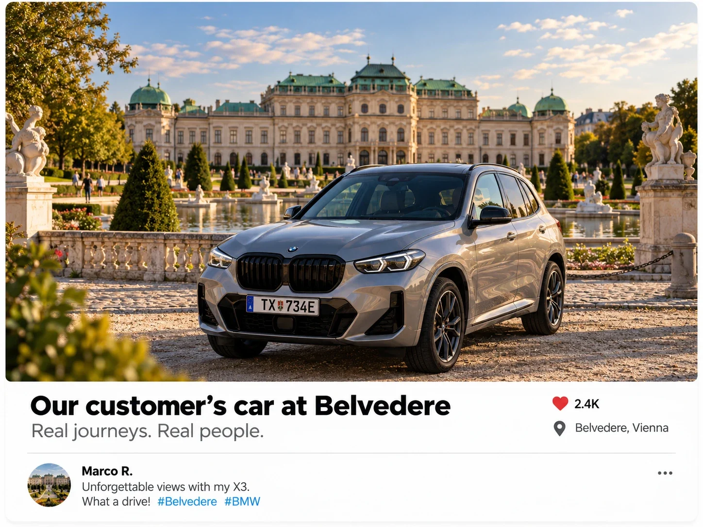 Synthetic car image presented as a real customer post at Belvedere