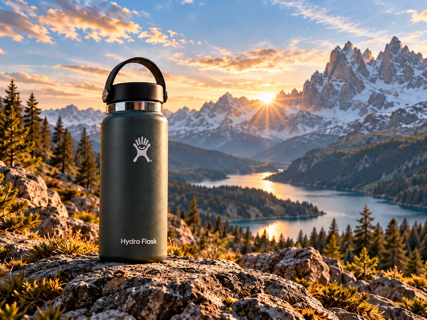 Hydro Flask bottle shown against a synthetic mountain-lake background