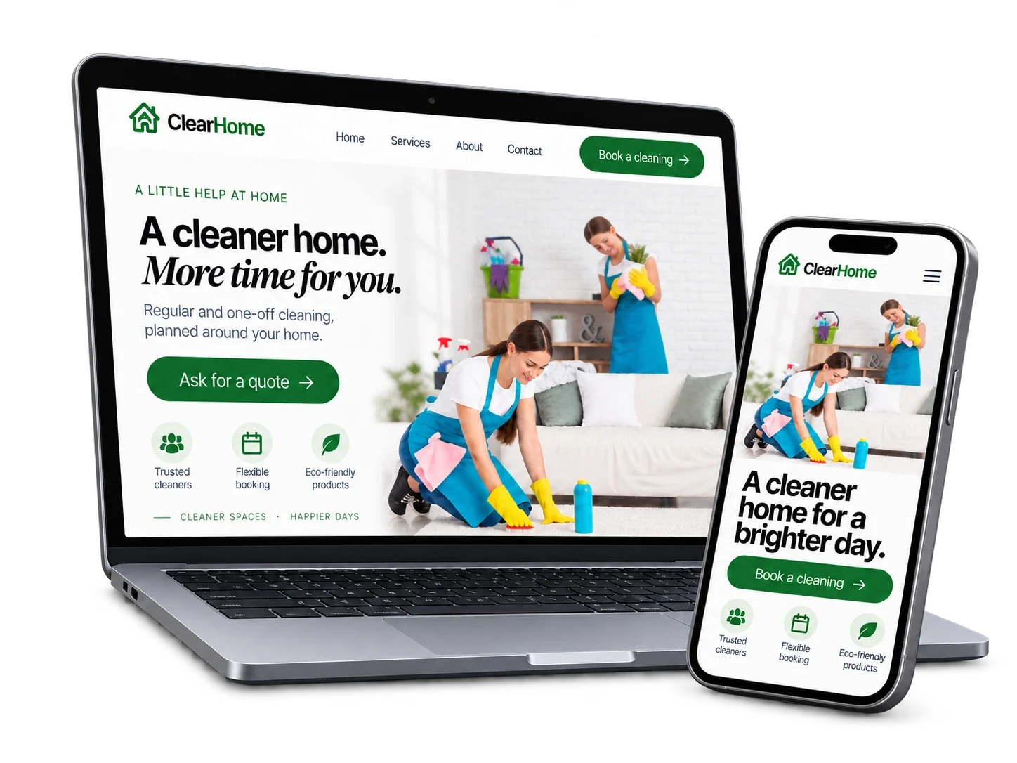 Laptop and phone mockup presenting a cleaning service website with an AI-generated worker shown inside the interface
